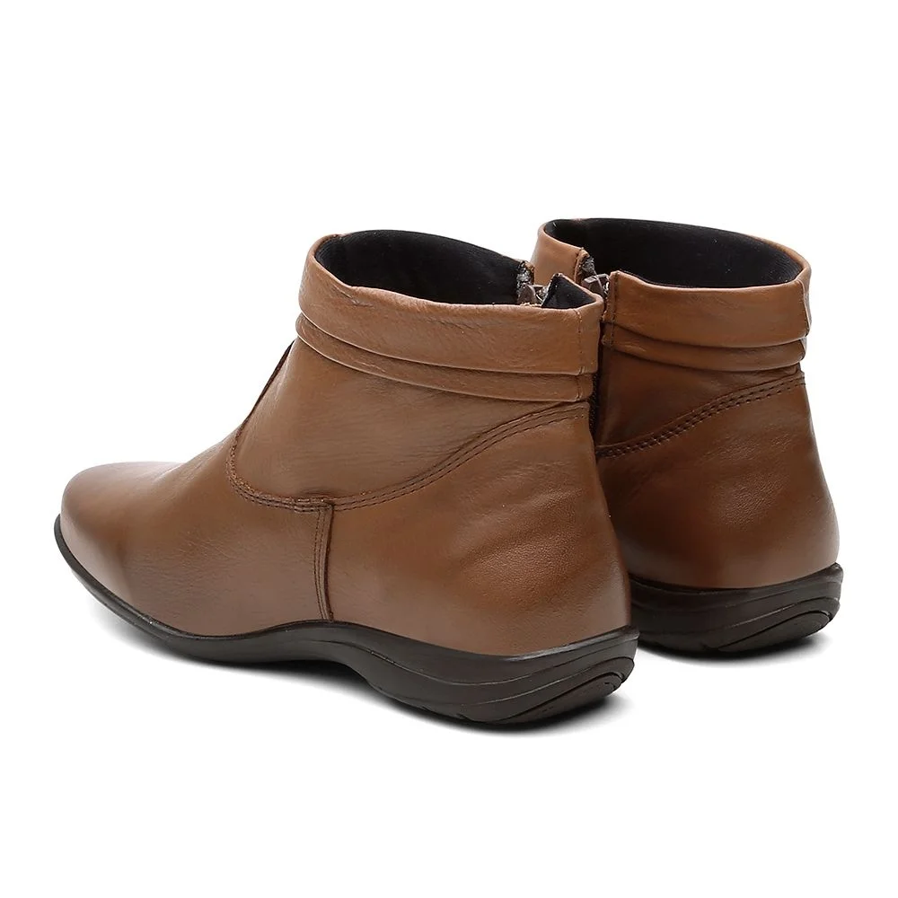 Bota Flat em Couro Feminino Rasteira Zíper Borda Camada Resistente Confortável Marrom 5
