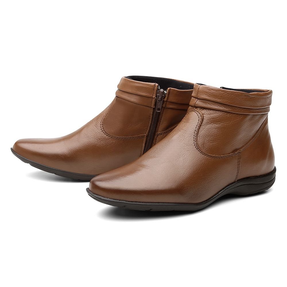 Bota Flat em Couro Feminino Rasteira Zíper Borda Camada Resistente Confortável Marrom 6
