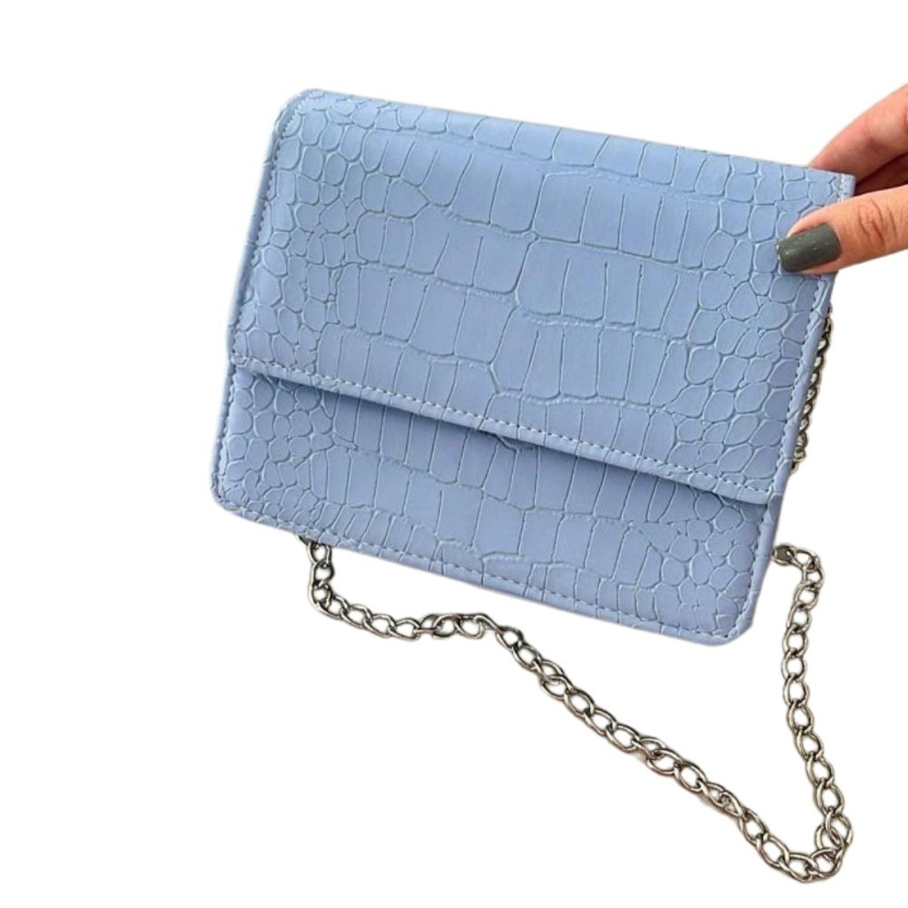 Bolsa Croco Feminina com Alça de Corrente e Alça de Mão Tendência para o Dia a Dia e Festa Azul 3