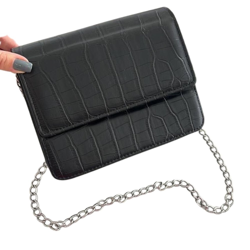 Bolsa Croco Feminina com Alça de Corrente e Alça de Mão Tendência para o Dia a Dia e Festa Preto 3