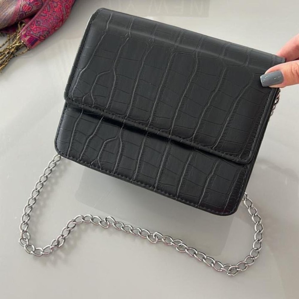 Bolsa Croco Feminina com Alça de Corrente e Alça de Mão Tendência para o Dia a Dia e Festa Preto 4