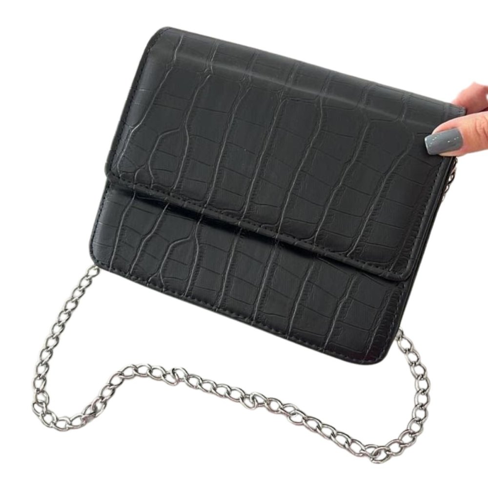 Bolsa Croco Feminina com Alça de Corrente e Alça de Mão Tendência para o Dia a Dia e Festa Preto 5
