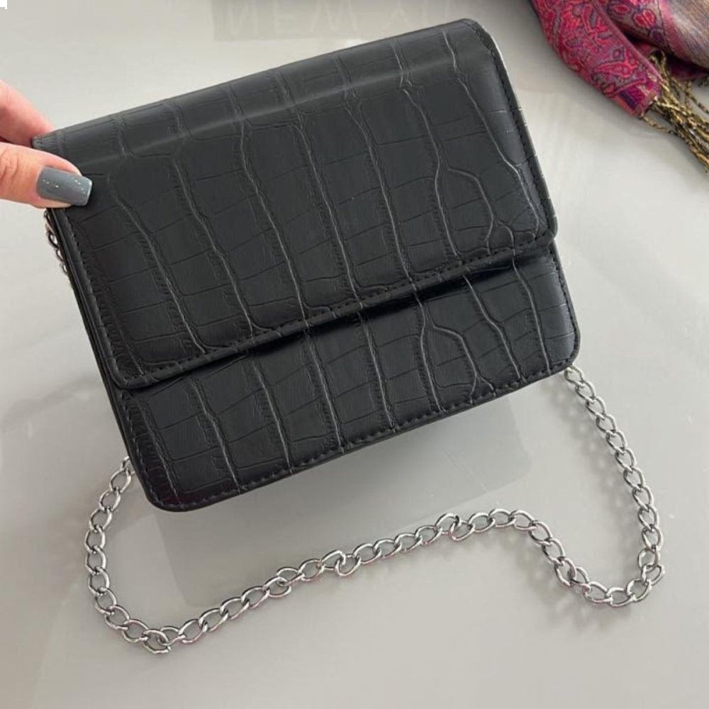 Bolsa Croco Feminina com Alça de Corrente e Alça de Mão Tendência para o Dia a Dia e Festa Preto 6