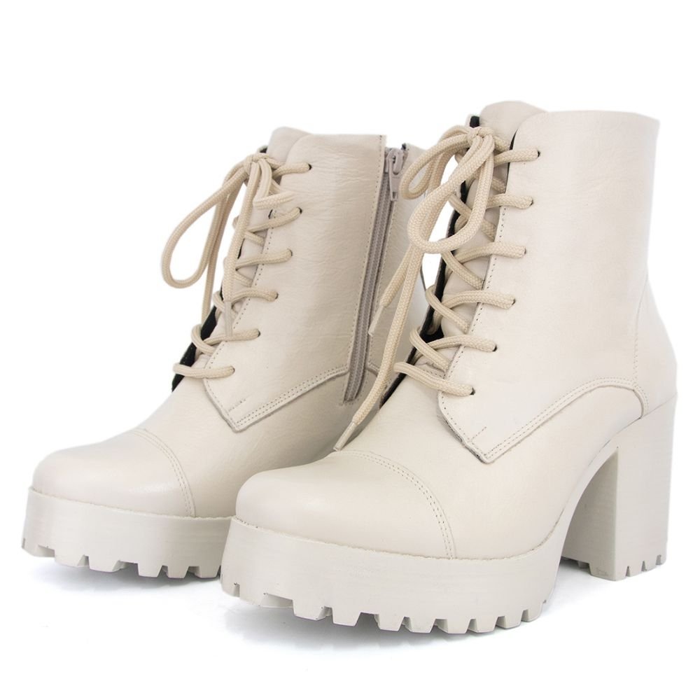 Coturno Feminino Cano Curto Zíper Bota Tratorada Casual Branco 4