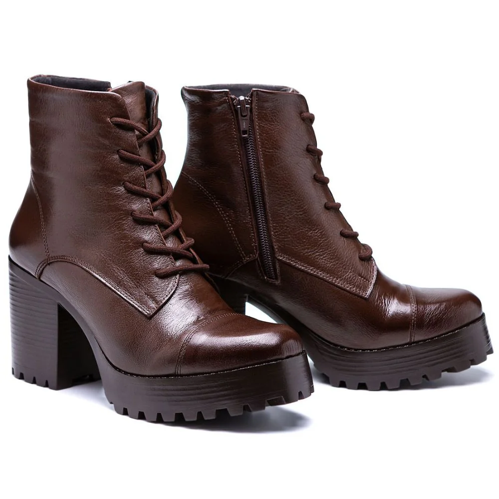Coturno Feminino Cano Curto Zíper Bota Tratorada Casual Marrom 2
