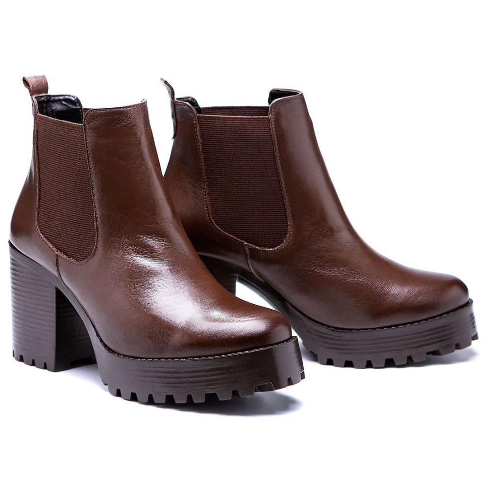 Bota Coturno Feminina Tratorada Bota Chelsea Cano Médio Elástico Casual Marrom 2