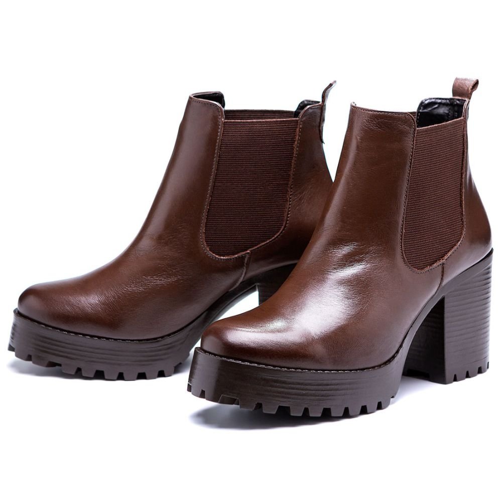 Bota Coturno Feminina Tratorada Bota Chelsea Cano Médio Elástico Casual Marrom 5