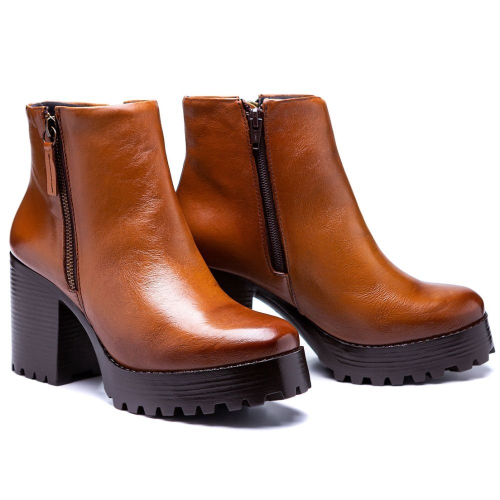 Bota Feminina Coturno Tratorado Cano Curto Zíper Lateral Bota Casual Marrom 2