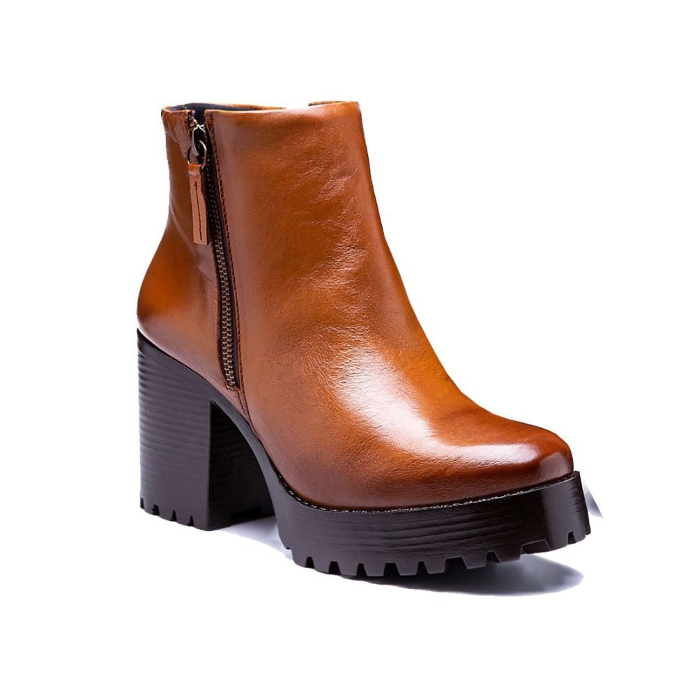 Bota Feminina Coturno Tratorado Cano Curto Zíper Lateral Bota Casual Marrom 4