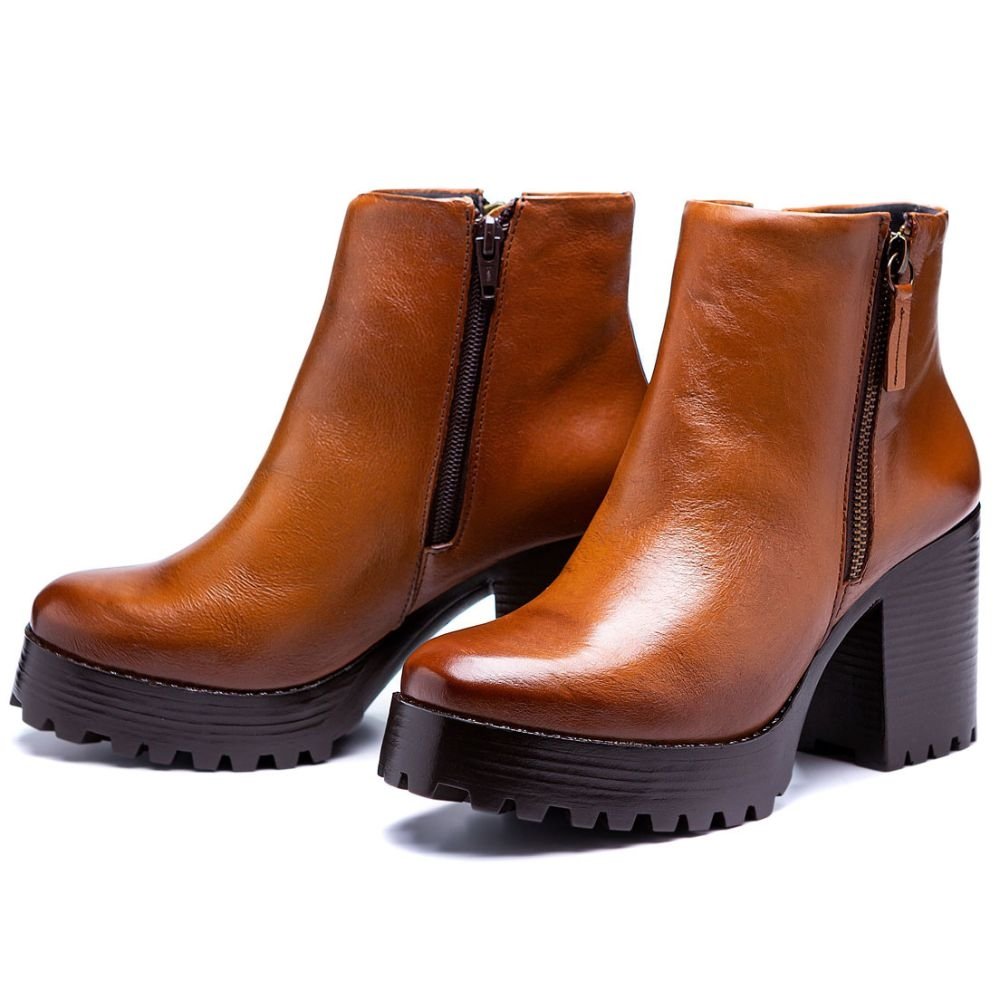 Bota Feminina Coturno Tratorado Cano Curto Zíper Lateral Bota Casual Marrom 5