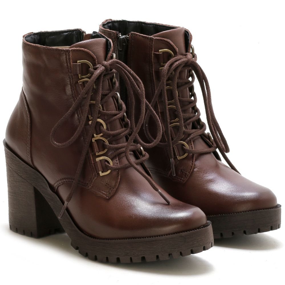 Bota Coturno Feminina Tratorada Cadarço Cano Curto Bota Casual Conforto Marrom 2