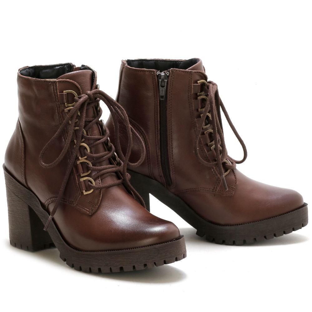 Bota Coturno Feminina Tratorada Cadarço Cano Curto Bota Casual Conforto Marrom 3