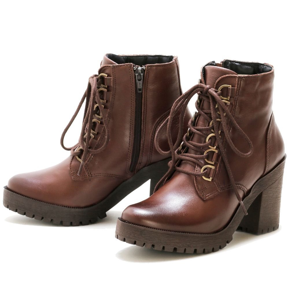Bota Coturno Feminina Tratorada Cadarço Cano Curto Bota Casual Conforto Marrom 4