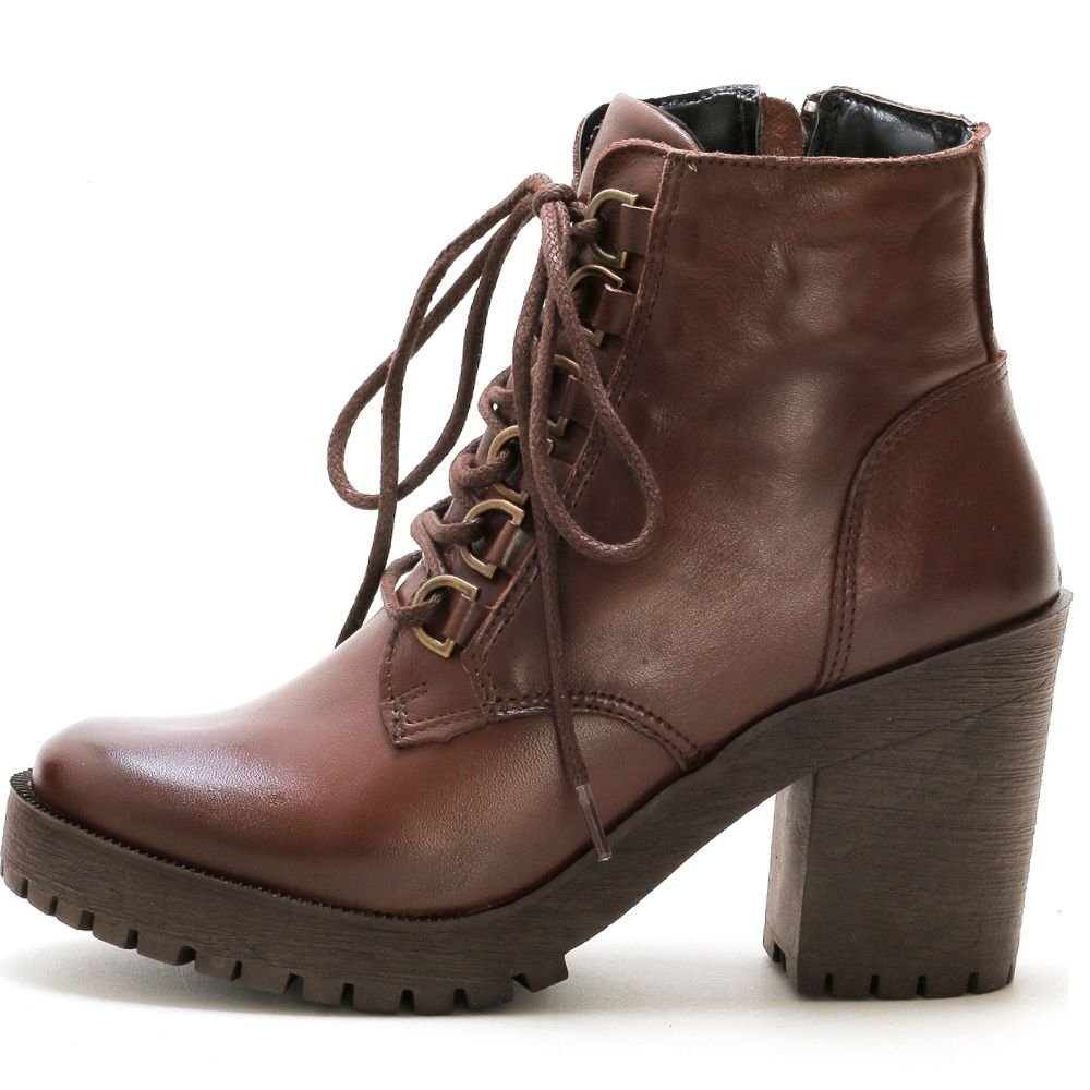 Bota Coturno Feminina Tratorada Cadarço Cano Curto Bota Casual Conforto Marrom 5