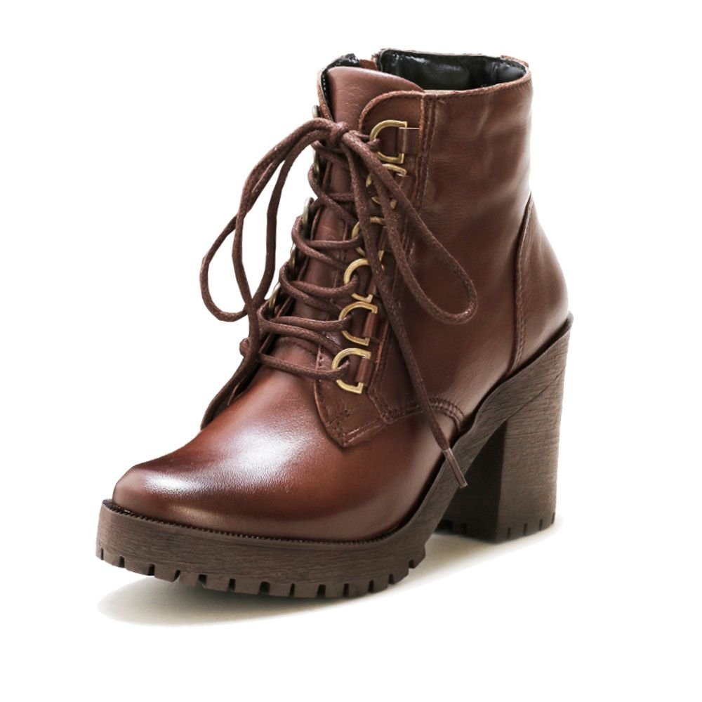Bota Coturno Feminina Tratorada Cadarço Cano Curto Bota Casual Conforto Marrom 7