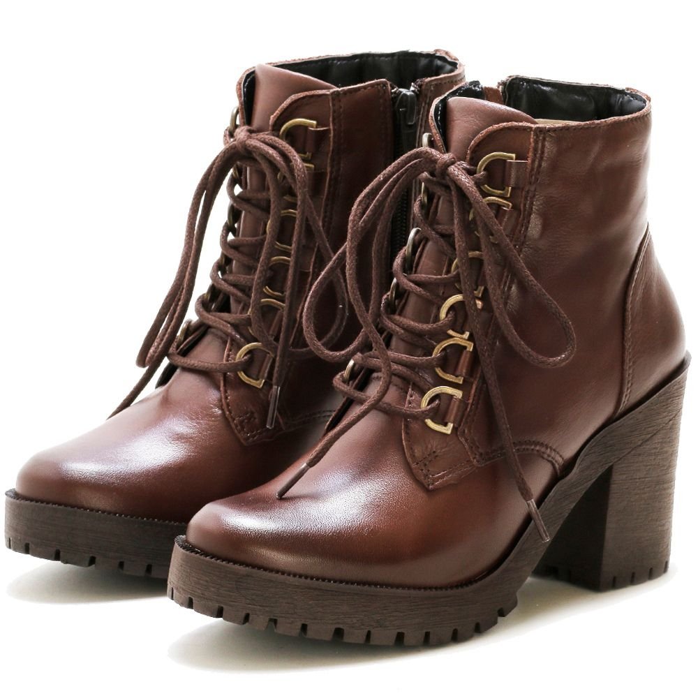 Bota Coturno Feminina Tratorada Cadarço Cano Curto Bota Casual Conforto Marrom 8