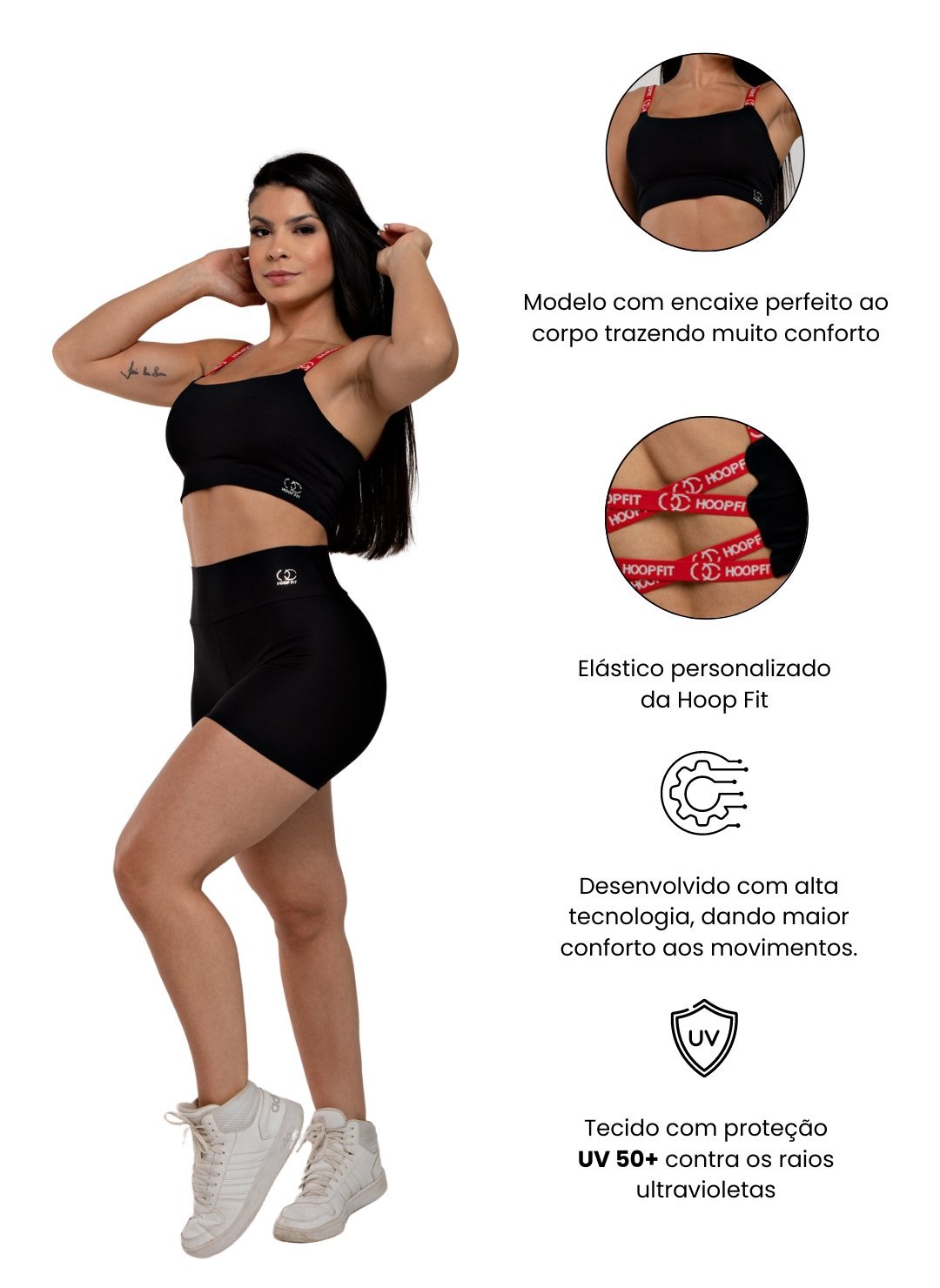 Shorts Fitness Hoopfit Cós Alto Feminino Academia Preto Princess Preto