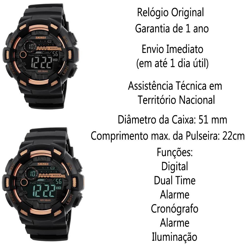 Relógio Skmei Masculino Ref: 1243 Sk40086 Esportivo Digital Preto 6