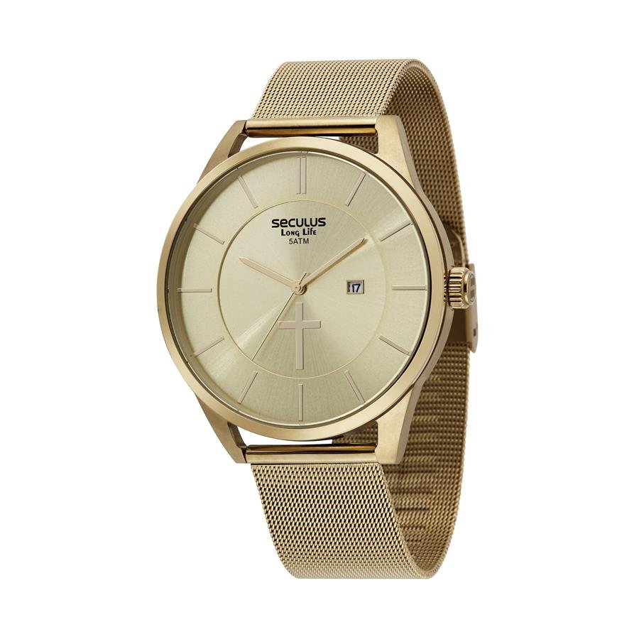 Relógio Seculus Masculino Ref: 44041gpskda1 Dourado Oração Pai Nosso Preto 2