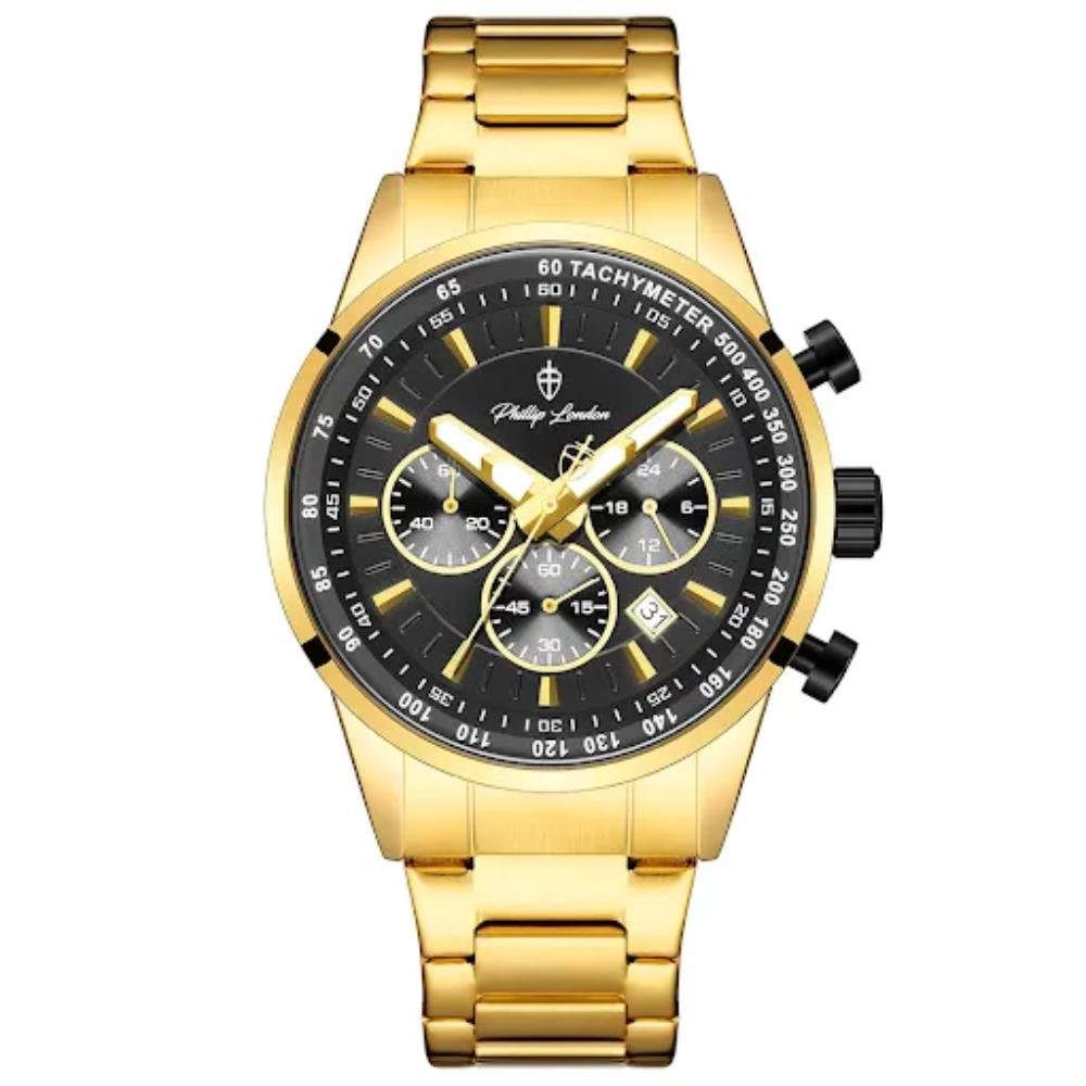 Relógio Phillip London Masculino Ref: Pl80392645m Pr N Cronógrafo Dourado