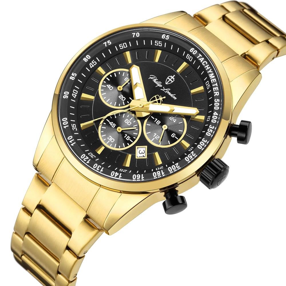 Relógio Phillip London Masculino Ref: Pl80392645m Pr N Cronógrafo Dourado Dourado 2