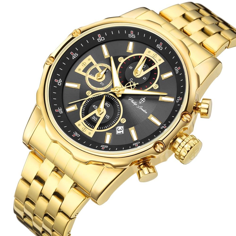 Relógio Phillip London Masculino Ref: Pl80391645m Pr N Cronógrafo Dourado Dourado 2