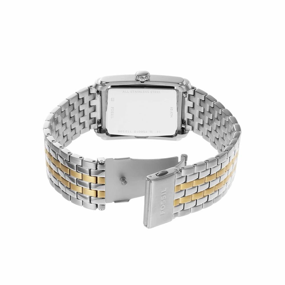 Relógio Fossil Masculino Ref: Fs6010/1kn Clássico Retangular Bicolor Prata 4