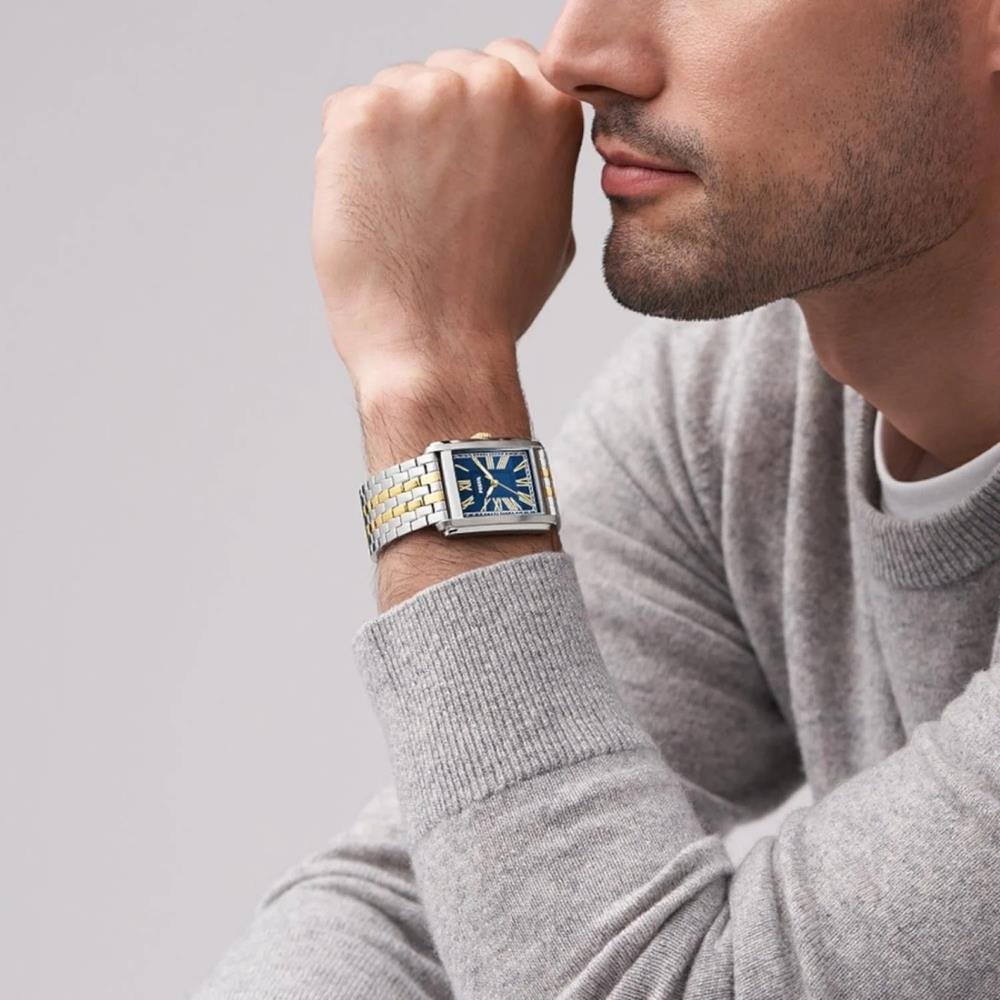Relógio Fossil Masculino Ref: Fs6010/1kn Clássico Retangular Bicolor Prata 5