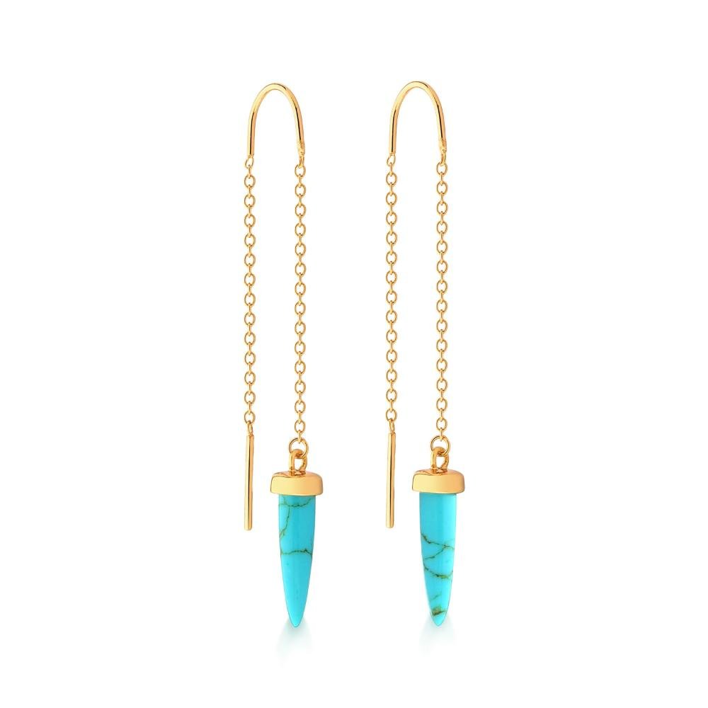 Brinco Dente de Sabre com Cristal Turquesa em Prata 925 com Banho de Ouro Amarelo 18k Dourado 2