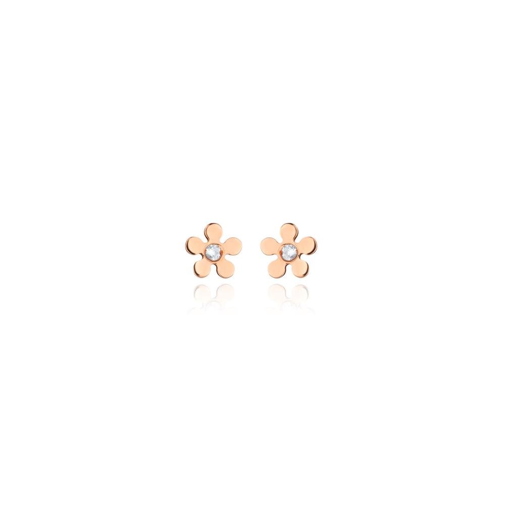 Brinco Infantil Flor com 2 pontos de Diamantes em Ouro Rosé 18k Dourado 2