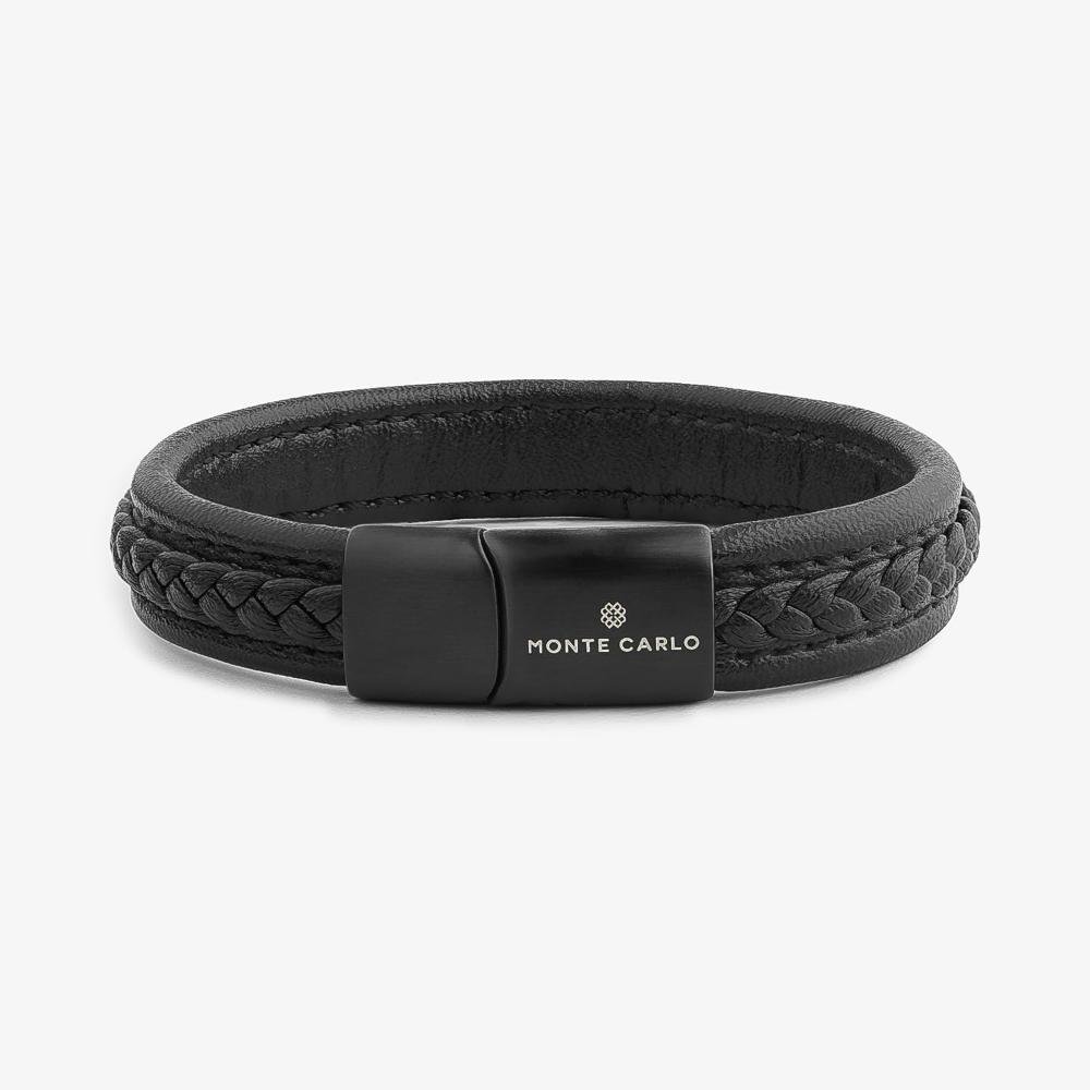 Pulseira Masculina de Couro Preto em Aço Preto Preto 1