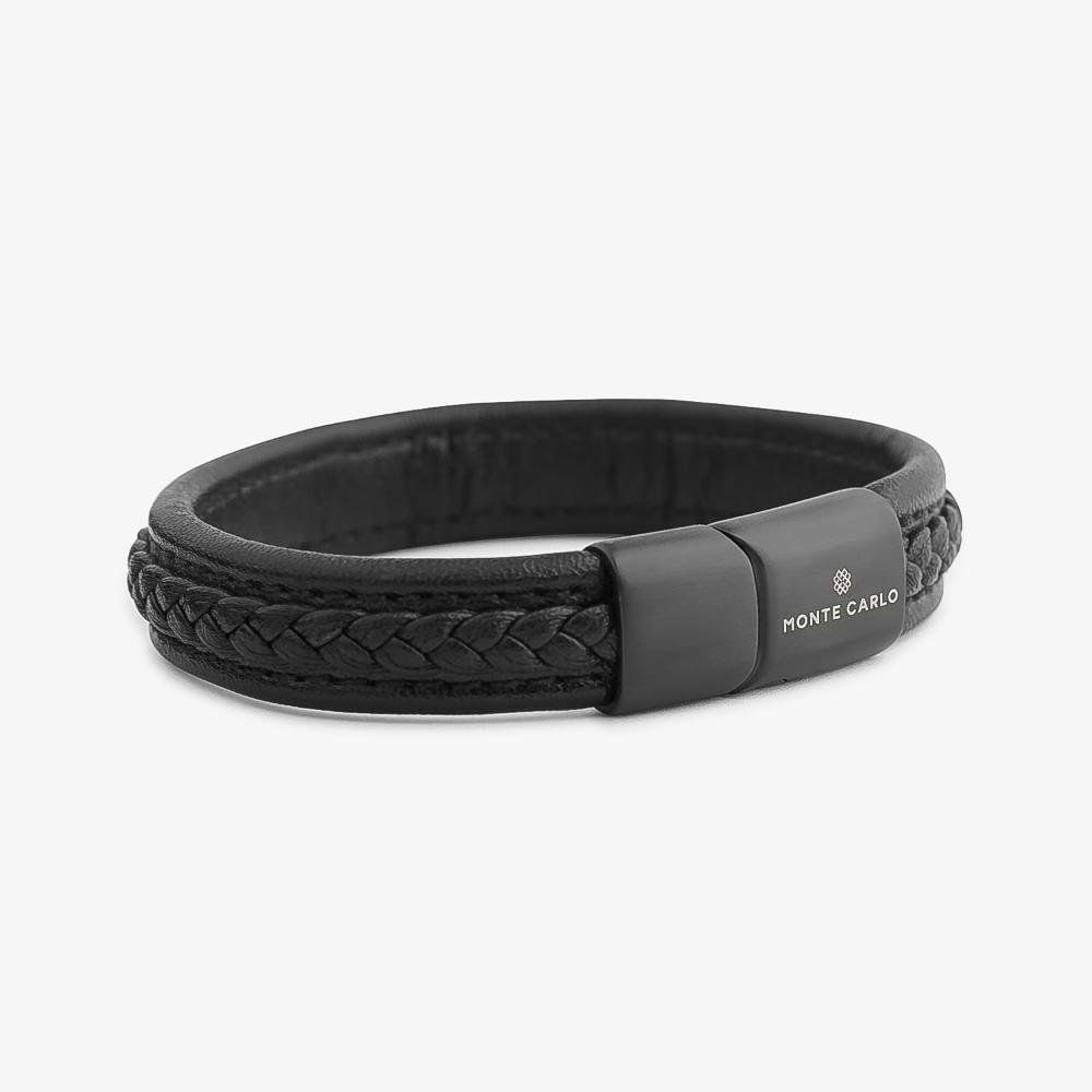 Pulseira Masculina de Couro Preto em Aço Preto Preto 2