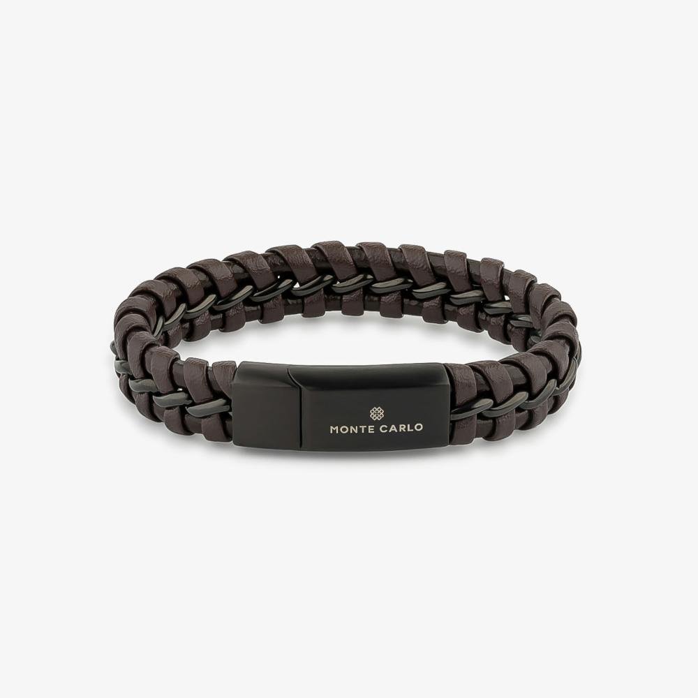 Pulseira Masculina de Couro Marrom em Aço Preto - 21 cm Preto 1