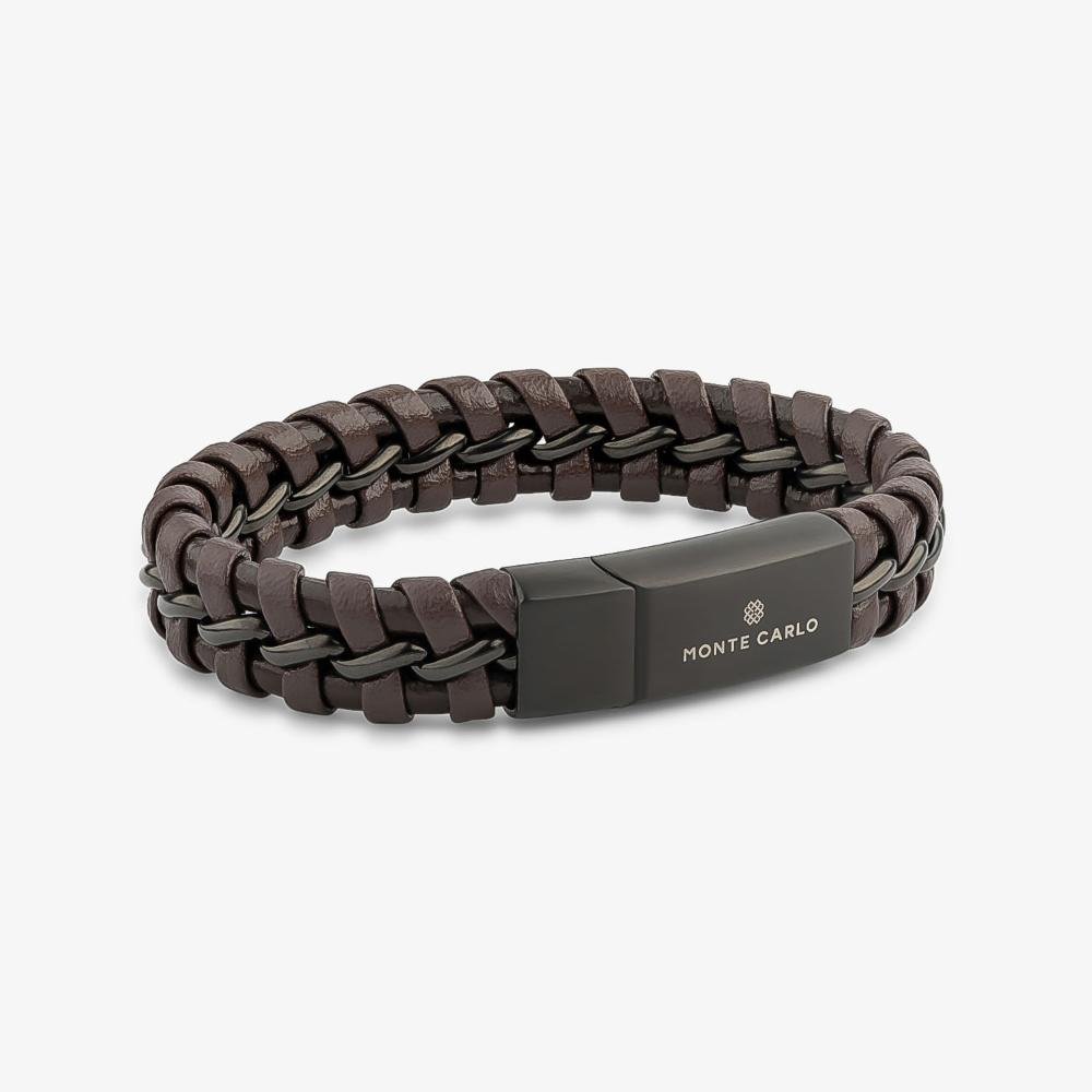 Pulseira Masculina de Couro Marrom em Aço Preto - 21 cm Preto 3