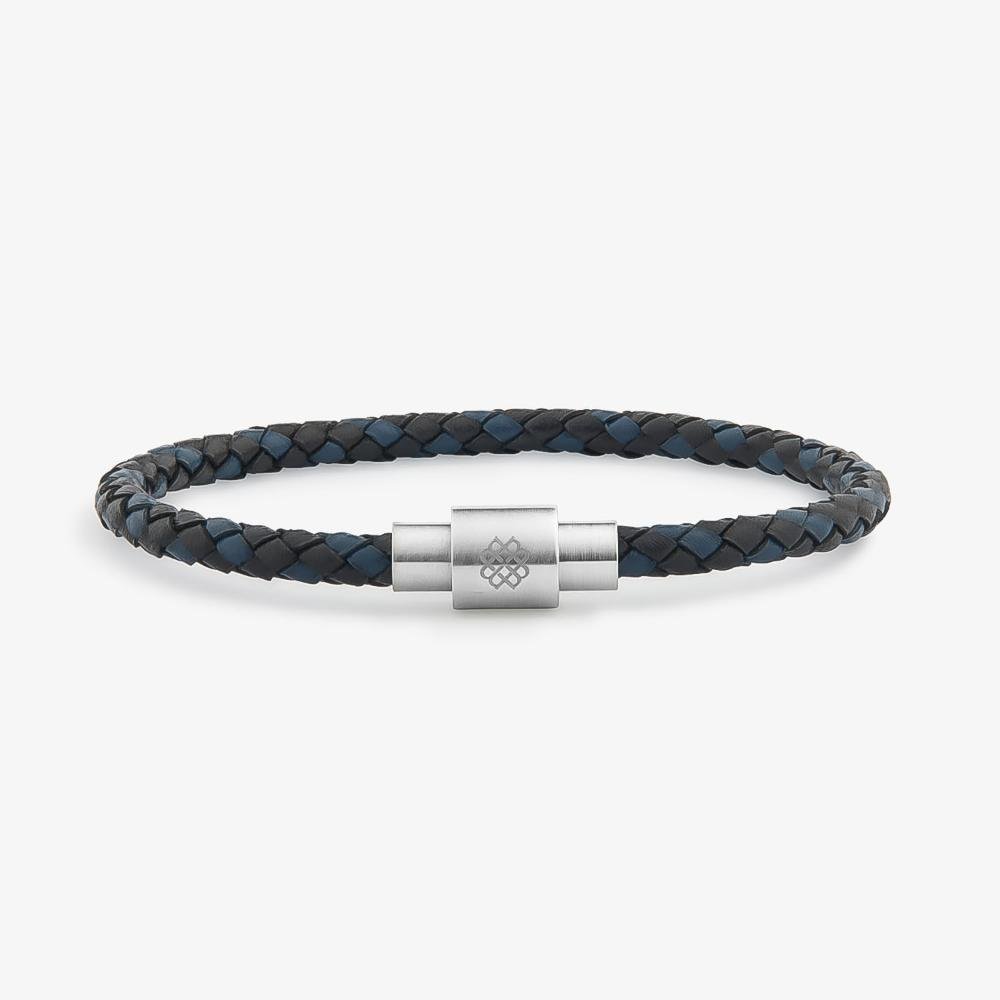 Pulseira Masculina de Couro Preto e Azul em Aço Preto 1