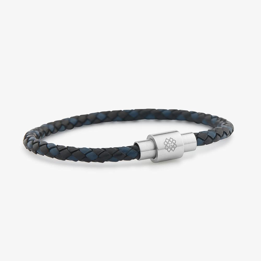 Pulseira Masculina de Couro Preto e Azul em Aço Preto 2