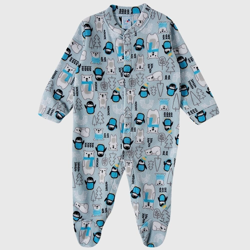 Pijama Macacão Bebê Masculino Tip Top Pinguim Antiderrapante Azul 1