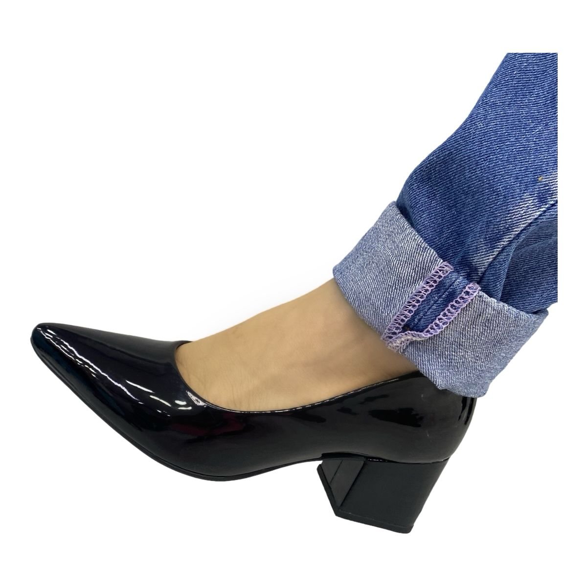 Sapato Via Uno 318001 Scarpin Salto Grosso Alto Social Feminino Preto