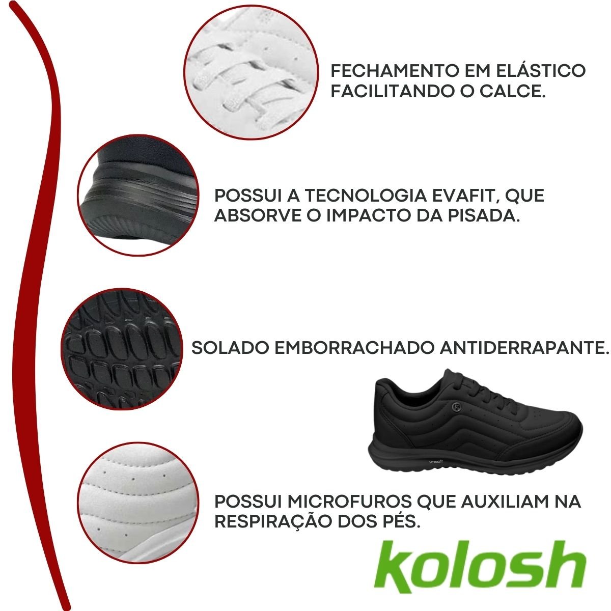 Tênis Casual Kolosh Esportivo Feminino Calce Fácil Preto 2