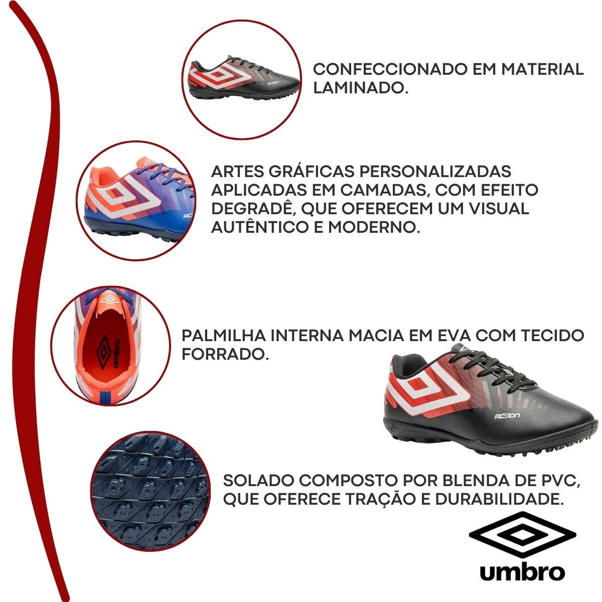 Chuteira Society Masculino Umbro Action Preto/Vermelho 2
