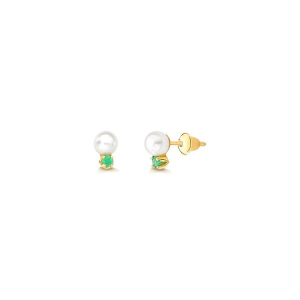 Brinco Infantil de Ouro 18k com Pérola e Esmeralda