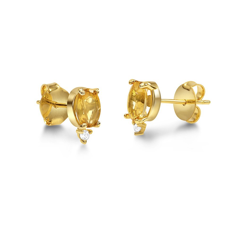 Brinco de Ouro 18k com Citrino Oval e Ponto de Luz em Topázio Branco