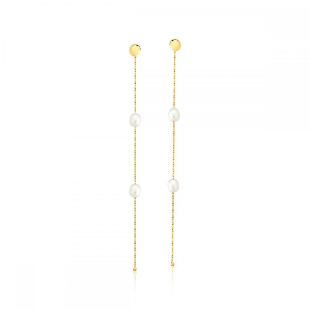 Brinco de Ouro 18k Longo Com Pérolas Ovais