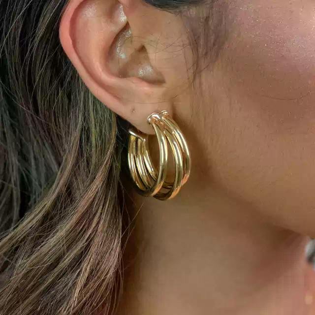 Brinco Tripla Argola Tubular Banhado a Ouro 18k Dourado 2