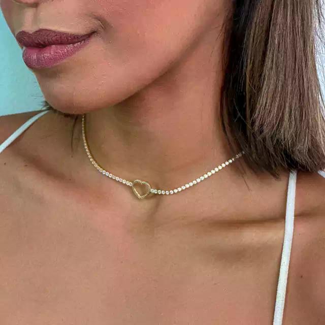 Choker Corrente Coração em Riviera Banhado a Ouro 18k Dourado 1