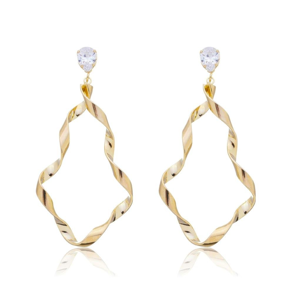 Brinco Gota Torcido Com Zircônia Banhado A Ouro 18K Dourado 1