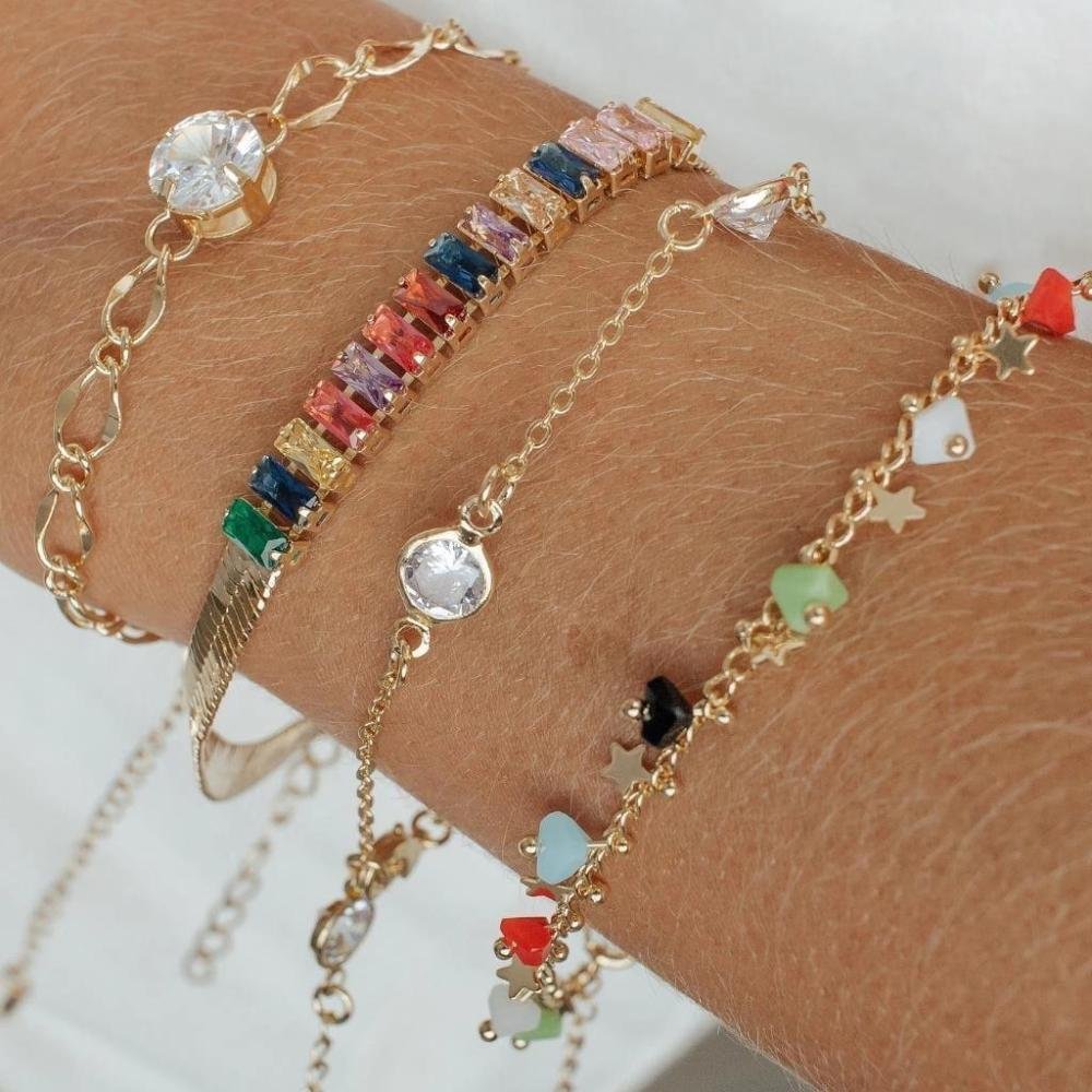 Pulseira Corrente Trabalhada Com Zircônia Banhada A Ouro 18K Dourado 2