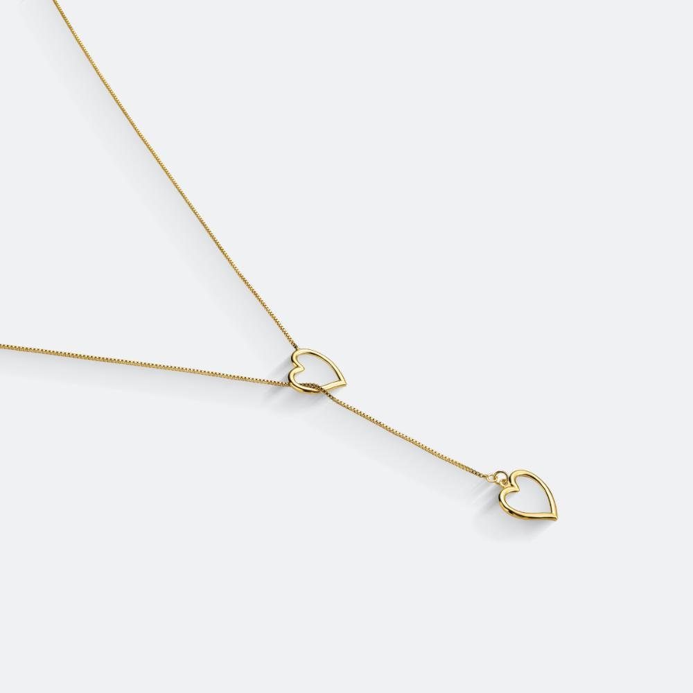 Colar Gravata 2 Corações Banhado A Ouro 18K Dourado 2