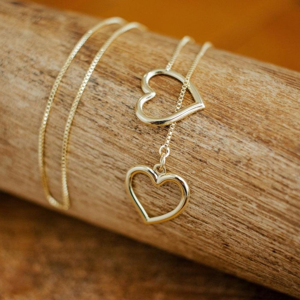 Colar Gravata 2 Corações Banhado A Ouro 18K Dourado 4