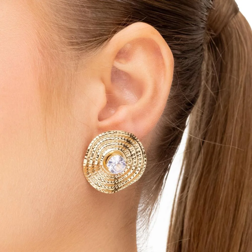 Brinco Redondo Texturizado com Zircônia Banhado a Ouro 18k Dourado 2